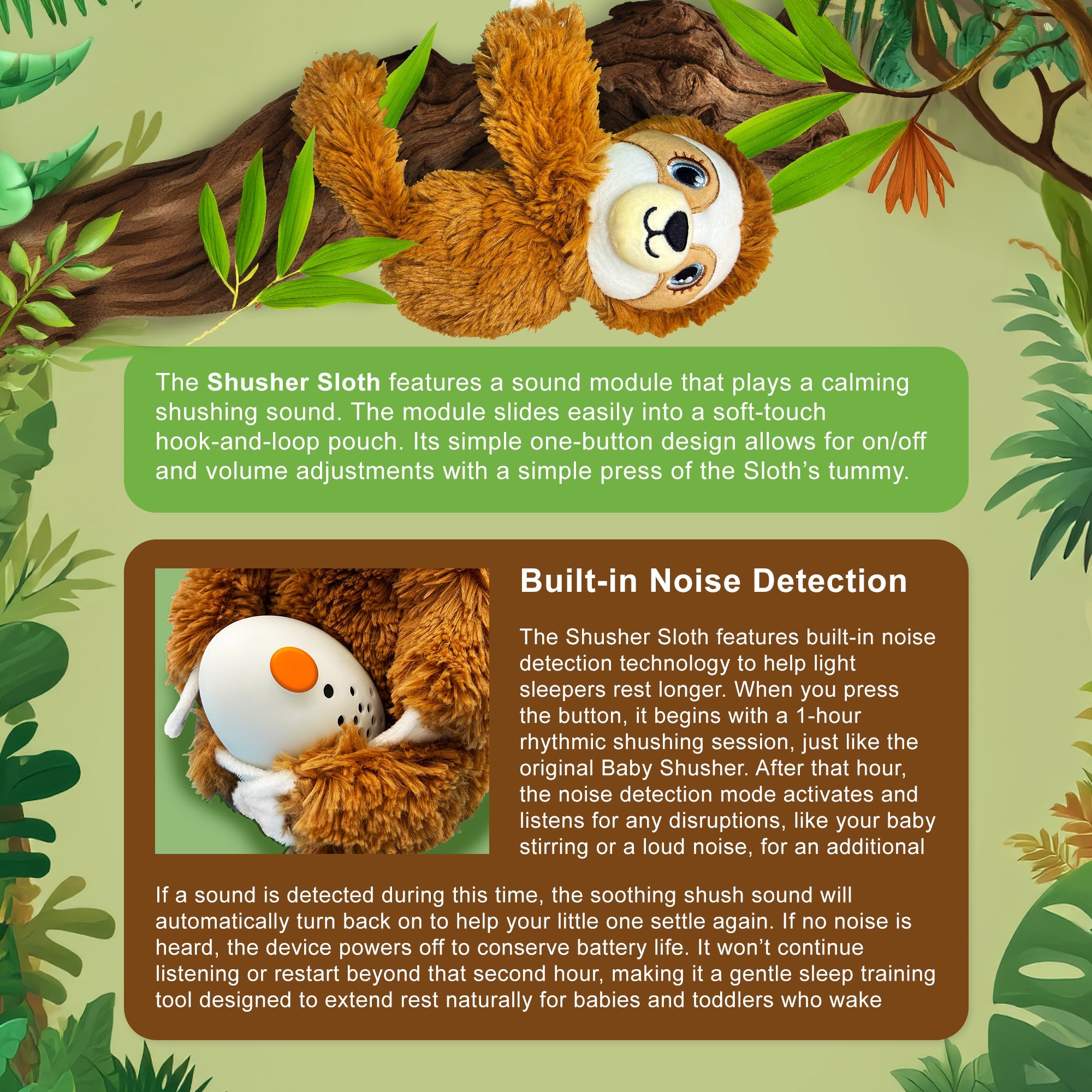 Shusher Sloth + 6-Pack Shushie™ Pacifiers – Soothing Bundle with Cuddly Cry Detection